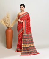 Red Floral Pure Ajrakh Handblock Printed Sico Chanderi Saree